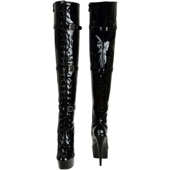 SheSole Women's Patent Leather Thigh High Heel Boots | Platform Zip Lace Up - Picture 2 of 9